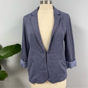 Skies Are Blue Blazer Large Blue Textured w/ Contrast Cuff 3/4 Sleeve Open Front